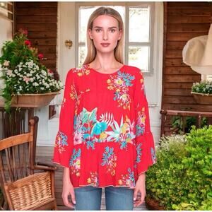 Johnny Was Red Peonies Garden Bell Sleeve Tiered Floral Boho Blouse Shirt Size S